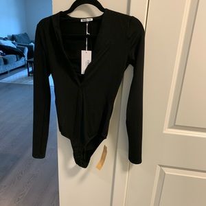Reformation deep v neck black thong body suit NWT